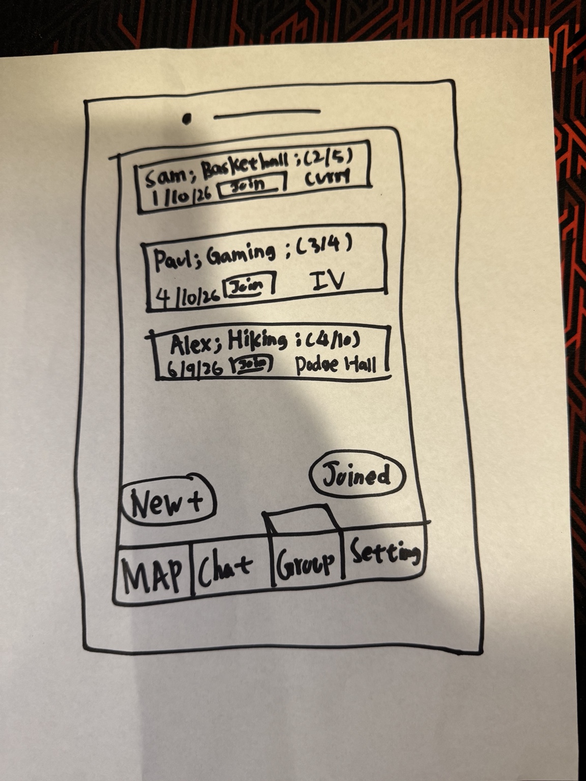 Low-fidelity group list screen with New+ and Joined options