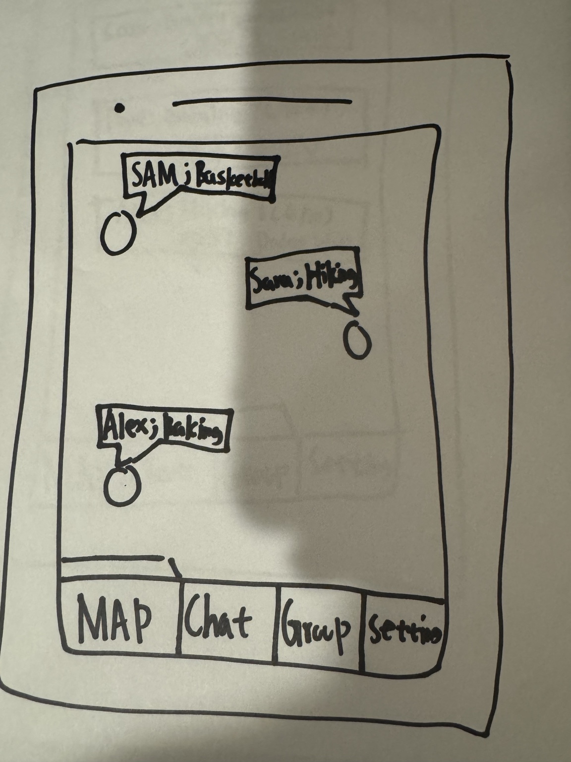 Low-fidelity map showing nearby users and interests