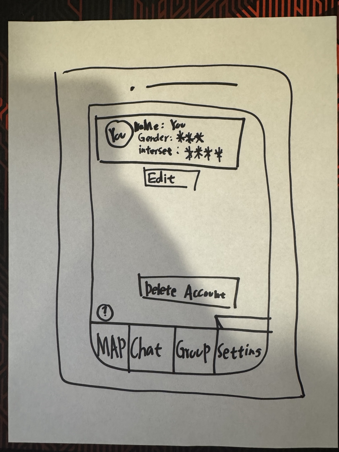 Low-fidelity settings and profile management screen
